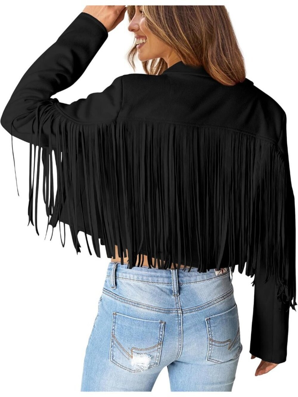 Women's Black Polyester Blend Faux Suede Leather Motorcycle Cropped Jackets - Picture 4 of 6